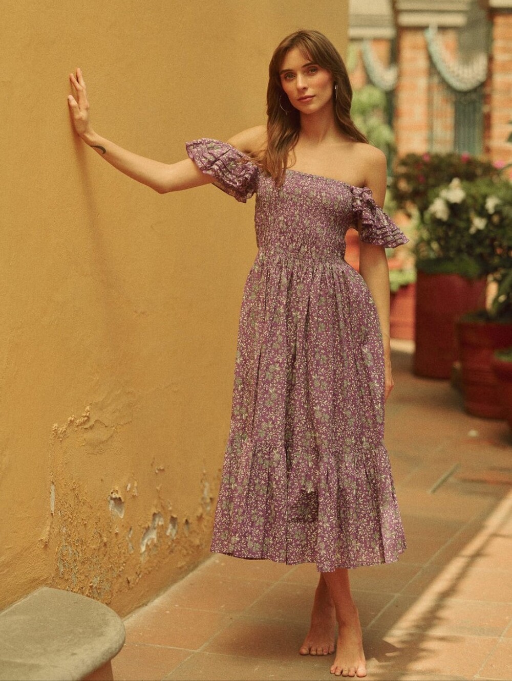 NWOT Mille Olympia Smocked Off-Shoulder Purple Floral Midi Dress